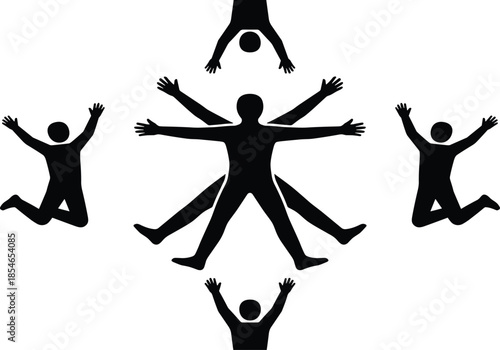 Human silhouettes, dynamic poses, Vitruvian inspired figure, symmetry design, jumping posture, balanced composition, movement illustration, fitness, art, vector graphic