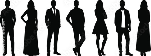 Human silhouettes, male and female figures, standing poses, fashion diversity, hairstyle variation, dress styles, posture illustration, artistic design, vector people collection