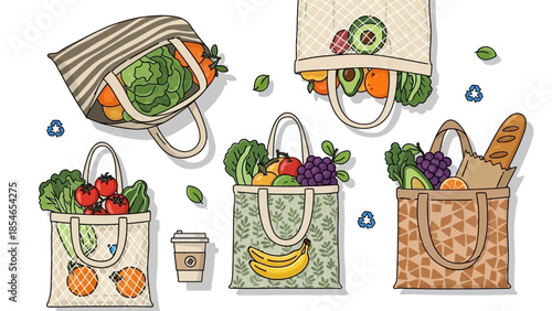 Eco-Friendly Tote Bags Filled with Fresh Groceries and Coffee