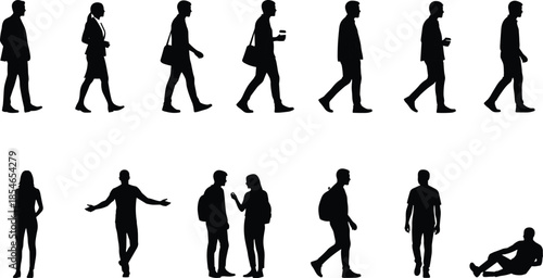 Human silhouettes, male and female figures, standing poses, fashion diversity, hairstyle variation, dress styles, posture illustration, artistic design, vector people collection art