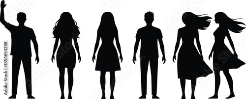 Human silhouettes, male and female figures, standing poses, waving gesture, dress variation, hairstyle diversity, posture illustration, artistic design, vector people collection