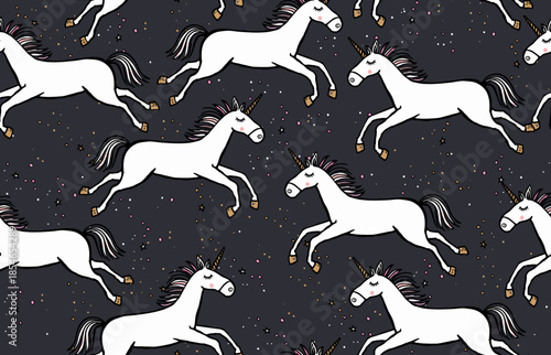 Seamless Pattern with Cute Colorful Magic Unicorn. Cute Print Design for Textile, Fabric, Greeting Cards, Party Invitations Design, Kids, Gift Paper. Vector Illustration