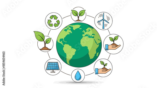 Eco-friendly concept with earth surrounded by renewable energy icons