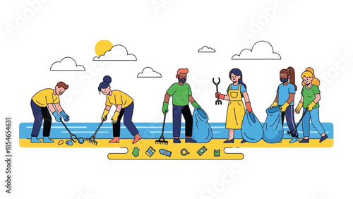 Group of Volunteers Cleaning Beach with Eco-Friendly Tools
