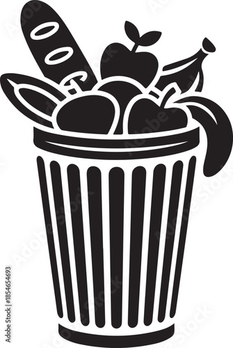 Black silhouette of trash can overflowing with food waste illustration