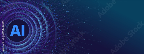 Abstract digital vortex with AI technology on a blue background. Machine learning and neural network concept.