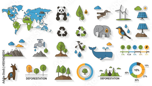 Eco-friendly infographic with animals, energy sources, and environmental icons
