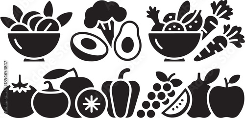 Collection of black and white vegetables icons 