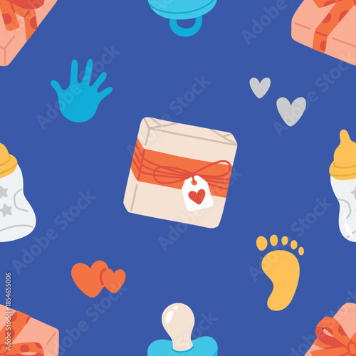Seamless baby shower pattern with gift boxes, hearts, pacifier, baby bottle, hand and foot icons. Cute flat vector background for newborn, parenting, birth announcements and nursery design
