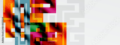 Abstract geometric shapes, vibrant colors, modern design. Rectangles overlap creating complex visual texture. Minimalist aesthetic.