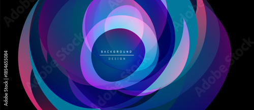 Abstract swirling layers, vibrant colors. Purple, blue, pink hues create dynamic visual effect. Modern design element.