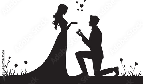 Couple proposal romantic hearts silhouette vector