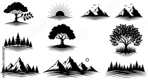 Nature Landscape Icons for Eco Branding Website Design Outdoor Adventure Travel Company Logos