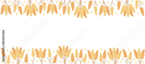 Frame with agricultural wheat and grain ears. Concept bread or farming, organic food. Vector illustration, copy space.