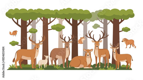 Illustration of Deer Family in Forest with Wildlife Animals