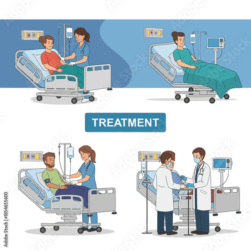 Various scenes depicting patients receiving medical treatment in a hospital setting with doctors and nurses providing care.