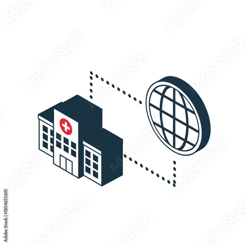 Isometric illustration of a hospital building connected to a global network icon, representing healthcare connectivity and international medical services.