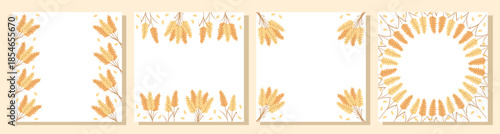 Set of ornamental frame with cereal spikelets, wheat ears, cereal seeds, decorative border. Concept bread or farming, organic food. Vector illustration, copy space.