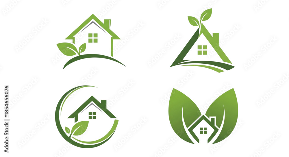 Obraz premium Eco Friendly Green House Logos for Sustainable Real Estate and Green Living Marketing