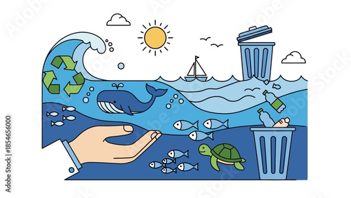Environmental illustration of ocean pollution and marine life conservation