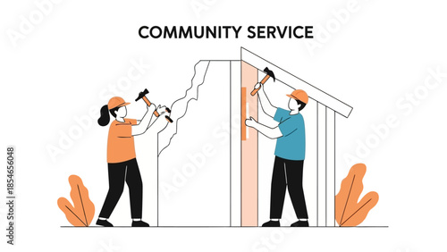 Community Service Volunteers Building and Repairing Flat Vector Illustration Style EPS10 Stock.eps