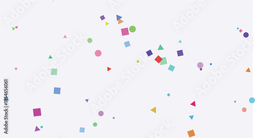 Colorful geometric shapes including circles squares and triangles floating randomly on a white background perfect for abstract design and festive celebrations