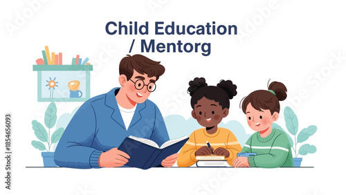 Flat vector illustration of a male teacher mentoring diverse children in education.