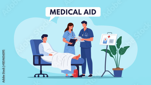 Flat design illustration of doctor and nurse providing medical aid to a patient.