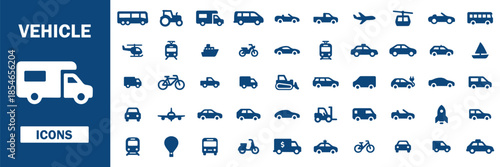 Vehicle icon set with car, bus, truck, taxi, bicycle, motorcycle, train, airplane and ship symbols.