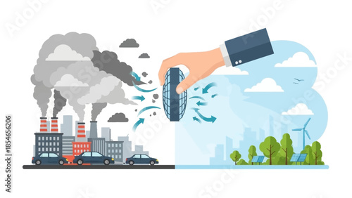 Conceptual illustration of pollution versus clean energy transformation