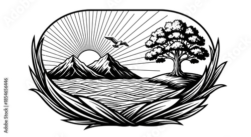 Serene Sunrise Over Mountains and Ocean, Inspiring Nature Landscape for Travel, Wellness, and Eco Brands