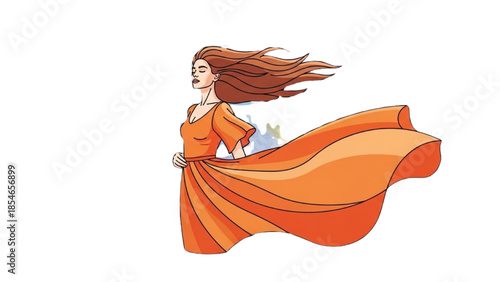 A young woman in an orange dress dancing joyfully with her long hair flowing in the wind