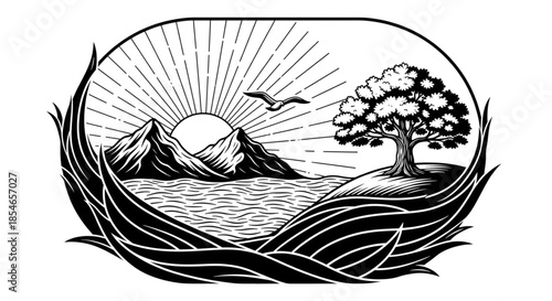 Sunrise Over Mountains and Ocean, Inspiring Nature Landscape for Travel, Wellness, and Eco-Branding Projects