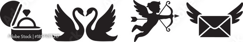 Set of romantic silhouette icons including diamond engagement ring swans forming heart cupid with bow and flying love letter vector illustration
