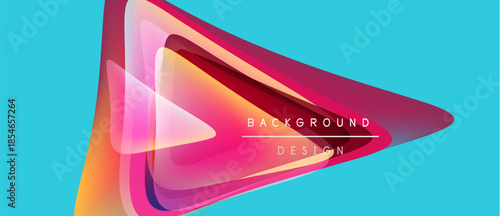 Abstract design features layered triangles, vibrant colors, turquoise backdrop. Modern aesthetic, dynamic composition, text elements present.