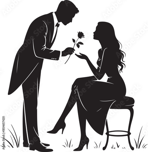 Silhouette wedding proposal by couple black color only