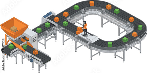 Isometric conveyor belt factory system illustration showing automated production line with worker handling boxes, industrial logistics workflow, and modern manufacturing process design
