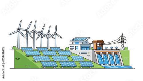 Renewable Energy Concept with Solar Panels, Wind Turbines, and Hydropower
