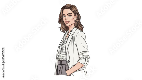 Illustration of a confident woman standing with her hands in her pockets, viewed from the side, in a clean and minimalist environment