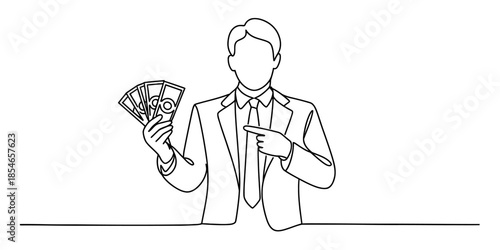 Businessman holding money and pointing with his finger Vector, illustration