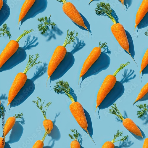 Carrots on blue, repeating pattern, bright light, strong shadows, food art