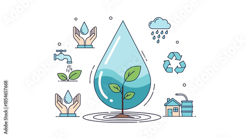 Eco-friendly water conservation concept with plant and recycling symbols