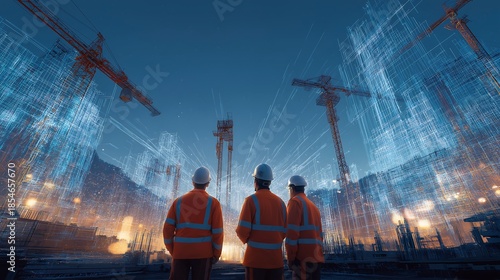 futuristic, dynamic image of a construction site at dusk. In the center, a BIM digital mock-up hologram floats above the construction site. Three engineers, wearing orange safety