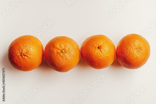 Four ripe oranges aligned horizontally on a plain white surface, simple