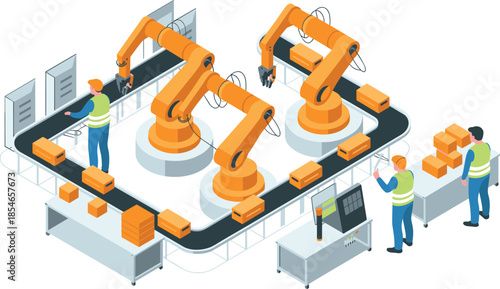 Isometric automated factory illustration with robotic arms, conveyor belt, workers monitoring production line in modern industrial manufacturing