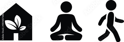 Minimalist black and white lifestyle icons showing eco home, meditation, and walking activity symbols isolated on white background