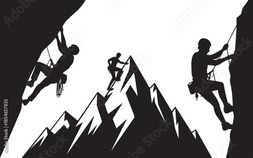 Vector clip art of mountain climbers climbing rocks. Black and white outdoor climbing and recreation logos