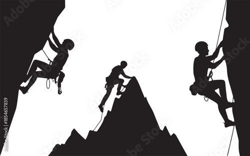 Vector clip art of mountain climbers climbing rocks. Black and white outdoor climbing and recreation logos