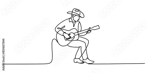 A cowboy playing guitar in a single line drawing Vector, illustration
