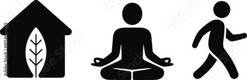 Minimalist black and white lifestyle icons showing eco home, meditation, and walking activity symbols isolated on white background
